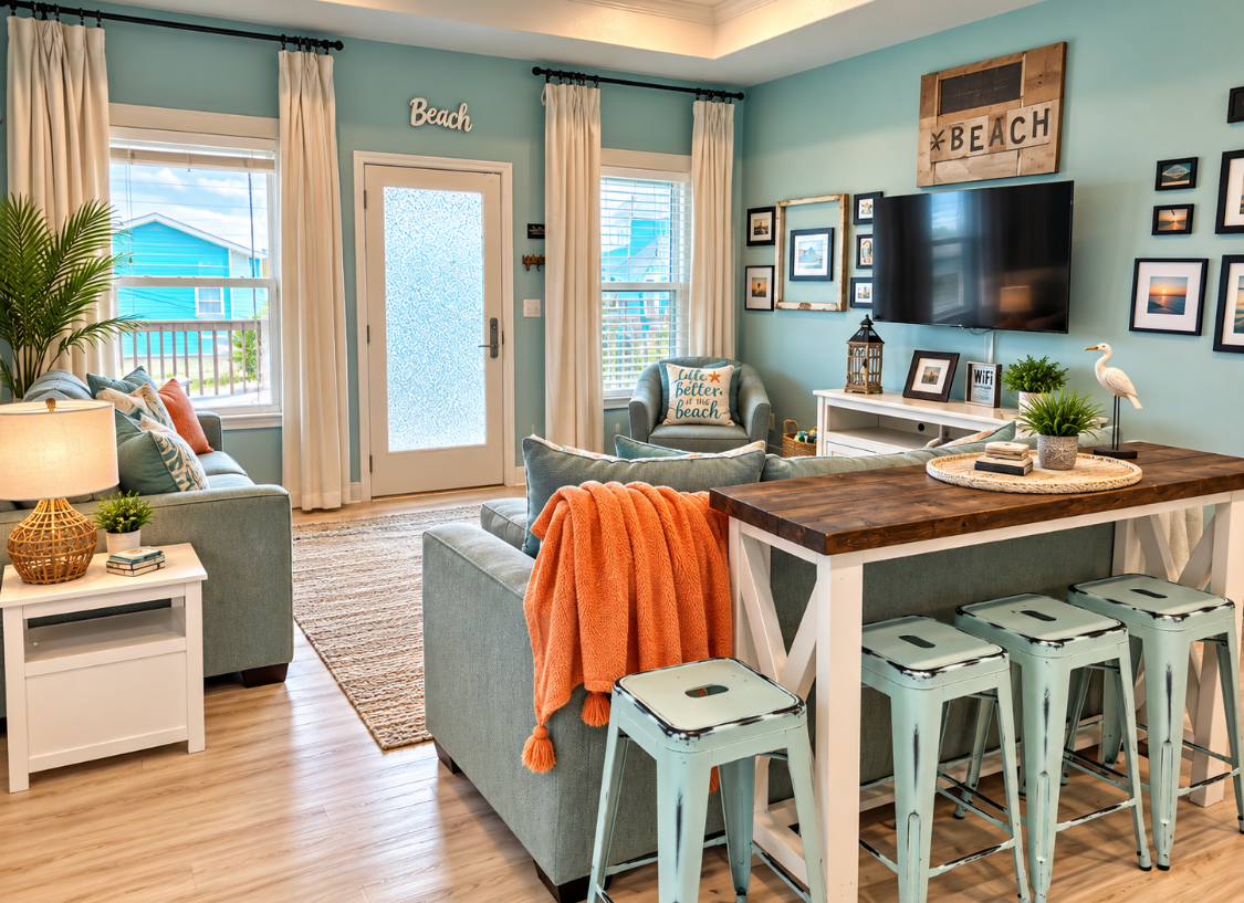 Bright coastal living room with aqua walls, white furnishings, and a wall-mounted television
