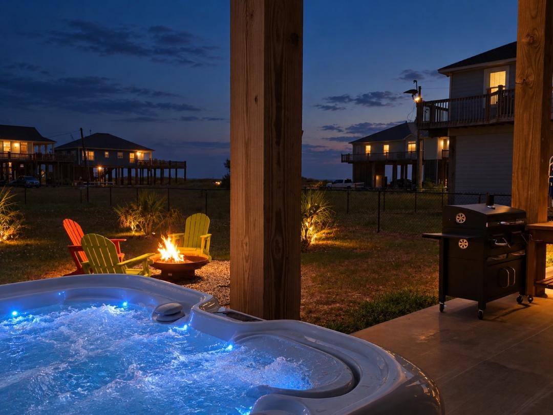 Hot tub glowing at dusk with fire pit and Adirondack chairs in the backyard